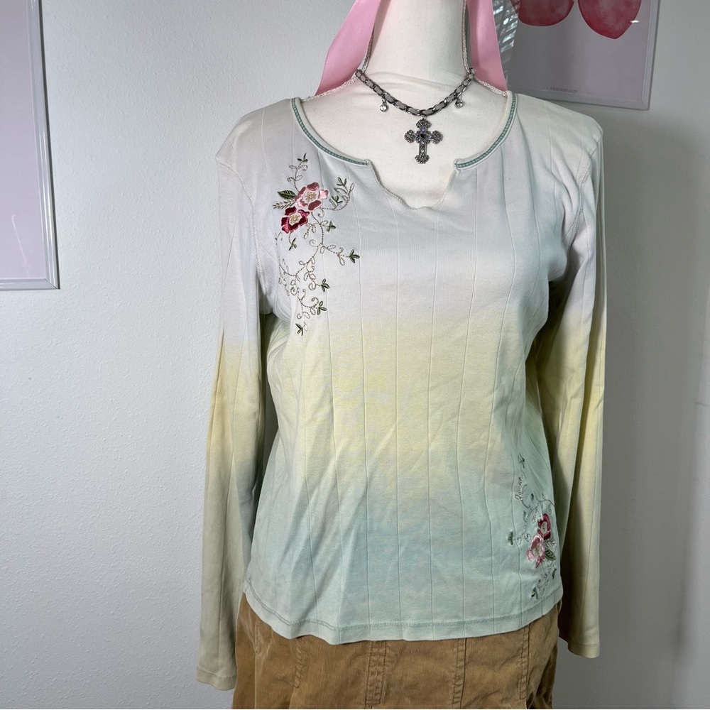 Vintage Y2K Boho Ombre Green White Long Sleeve Shirt Womens Large‎ - Picture 3 of 7